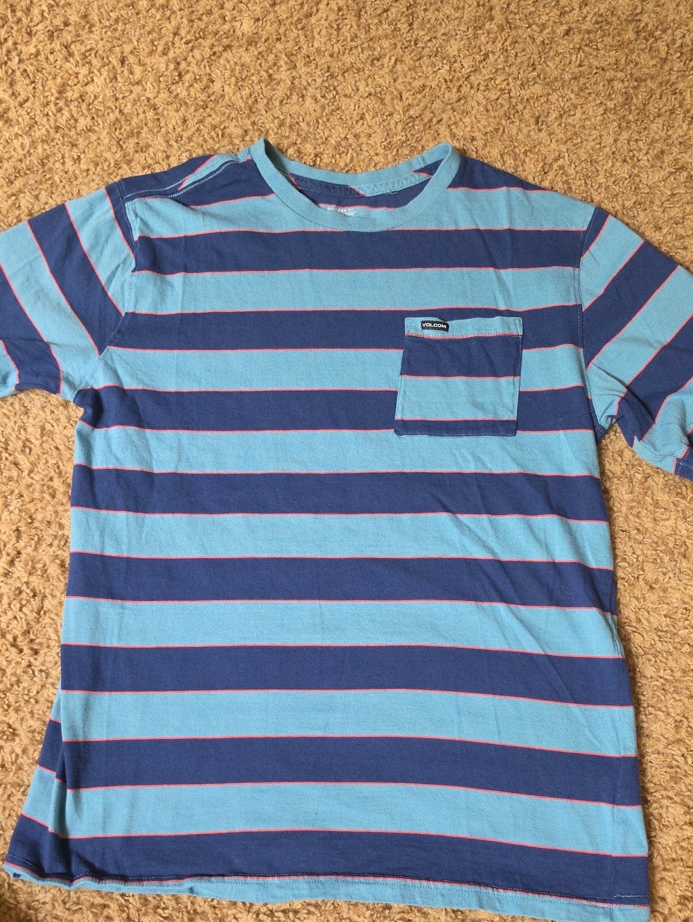 Volcom Light Blue and Navy Striped Pocket Tee